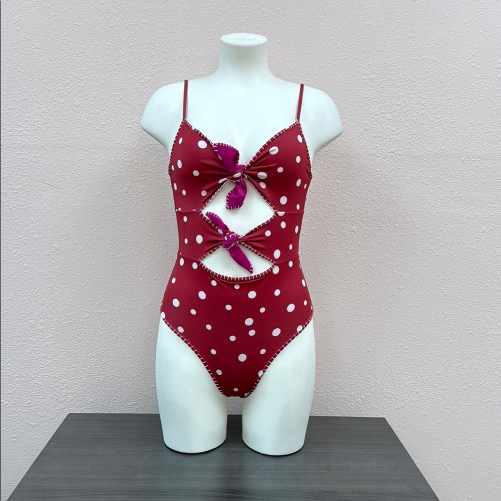 REVERSIBLE- Elegant Polka Dot One-Piece Swimsuit in Red - Picture 2 of 7